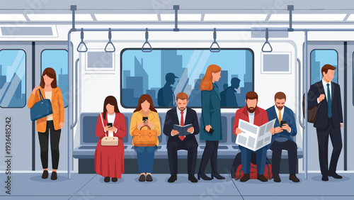 Group of diverse passengers commuting on a subway train while reading newspapers, using smartphones, or standing near the doors.