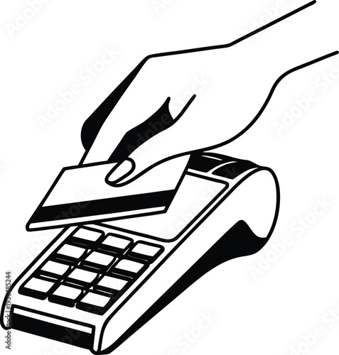 Hand holding credit card for contactless payment on POS terminal, digital transaction concept, vector illustration.