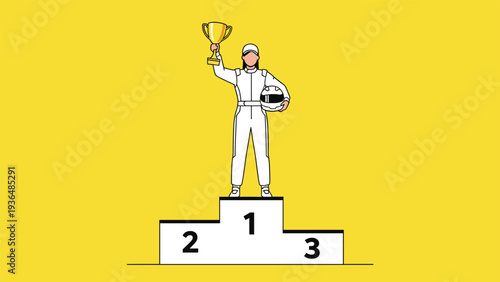 Professional female race car driver in a white suit stands proudly on the first place podium holding a golden trophy and helmet.