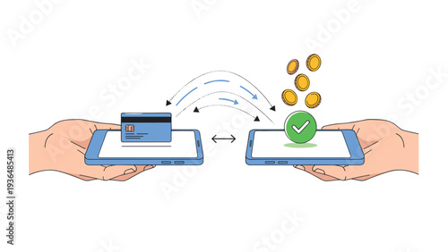 Two hands holding smartphones during a wireless mobile transaction with a credit card and golden coins transferring through the air.
