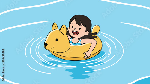Happy young girl enjoying a swim in a pool while floating on a yellow inflatable ring shaped like a friendly dog in the water.