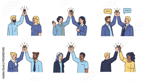 Set of diverse men and women in various business and casual outfits giving each other a high-five to celebrate a successful achievement.