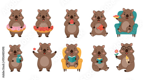 Adorable set of quokka characters engaged in different activities such as eating fruit, reading a book, and relaxing on a chair.