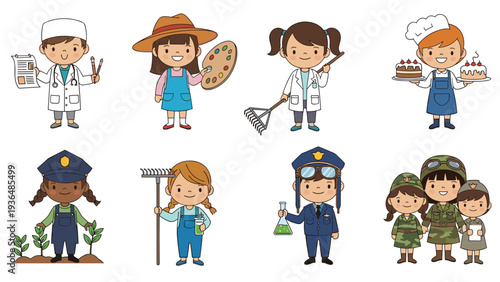 Educational set of children dressed up in various professional career costumes including a doctor, chef, farmer, and police officer.