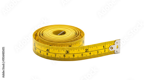 A yellow measuring tape on a transparent background sits coiled and ready.