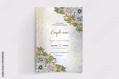 WEDDING INVITATION FRAME WITH FLOWER DECORATIONS AND FRESH LEAVES