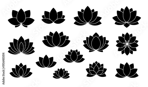 Scattered lotus flower silhouette vector icon set black logo yoga meditation spa illustration