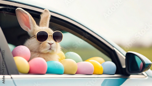 Rabbit sits in car window with sunglasses and colorful eggs during Easter celebration in springtime