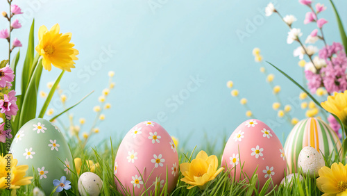 Colorful eggs and flowers set in a green grass field during Easter celebration with bright background