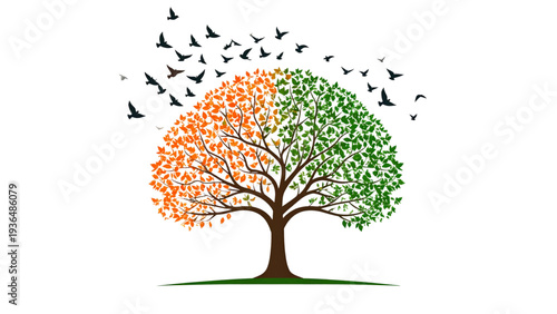 Beautiful decorative tree with leaves and flying birds, nature design, ecology concept, silhouette style, cad drawing flat vector illustration