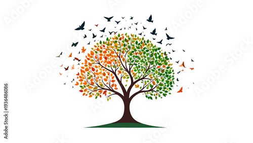 Beautiful decorative tree with leaves and flying birds, nature design, ecology concept, silhouette style, cad drawing flat vector illustration