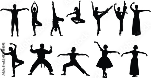Collection of dancer silhouettes showing ballet, yoga, fitness and contemporary dance poses, artistic body movements, flexibility training and performance gestures isolated on white background