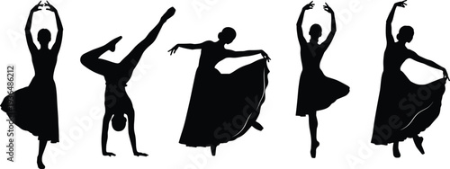 Collection of graceful dancer and ballet silhouettes in dynamic poses, artistic movement and acrobatic balance isolated on white background, performing arts and dance concept