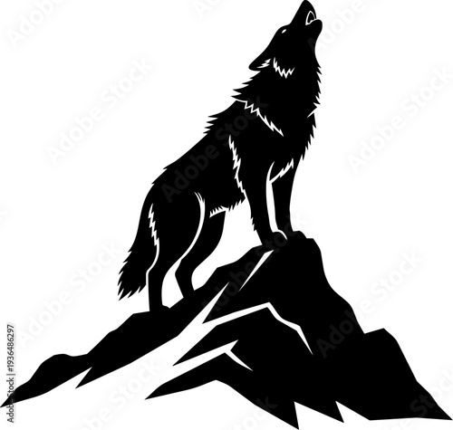 A lone wolf standing on a rocky mountain peak, howling at the moon in a dramatic illustration