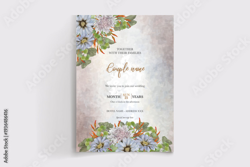 WEDDING INVITATION FRAME WITH FLOWER DECORATIONS AND FRESH LEAVES