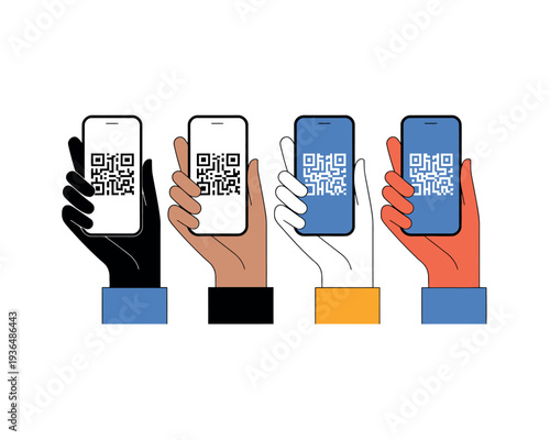 A diverse group of people holding smartphones with QR codes on the screens.