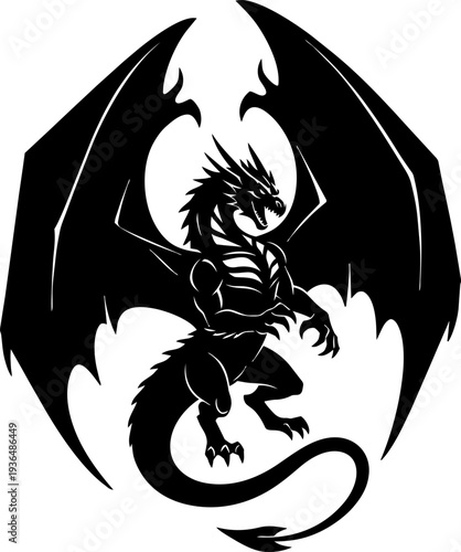 A majestic dragon soaring through the skies with outstretched wings and a fierce expression illustration