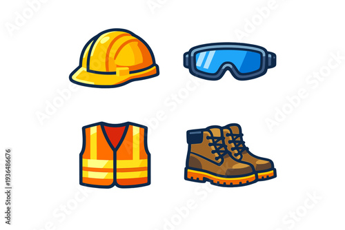A collection of four personal protective equipment icons including a yellow hard hat, blue safety goggles, an orange high-visibility vest, and brown work boots on a black background.