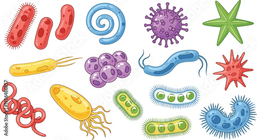 Set of Colorful Microorganism and Bacteria Icons Featuring Different Shapes and Types of Germs