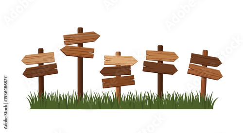 Vector illustration of wooden signs on poles in grass with multiple directions to choose from