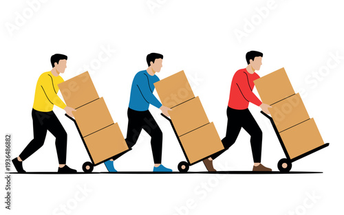 Three men pushing hand trucks loaded with cardboard boxes across a plain white background