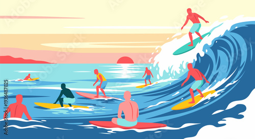 Vector illustration of a group of surfers riding waves in the ocean during a sunset, representing summer lifestyle and water sports