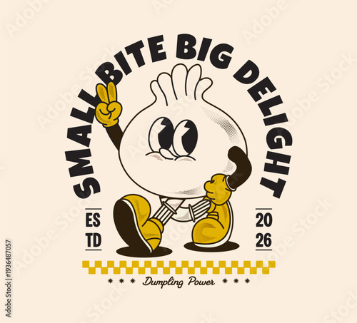 vintage style dumpling mascot for streetwear and sticker design. 1930s cartoon character illustration for apparel, t-shirt print, and restaurant branding