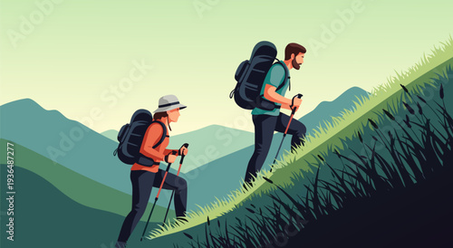 Couple hiking up a grassy hill, vector illustration of outdoor adventure and active lifestyle