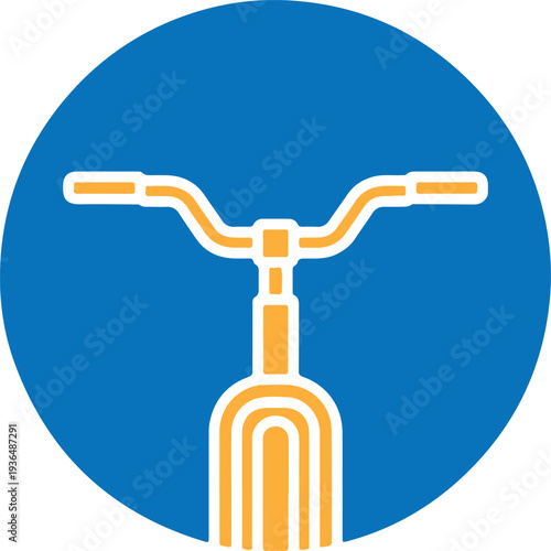 Bicycle handlebar front view icon on blue circular background showing orange frame details and steering components