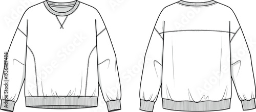Oversized crew neck sweatshirt technical fashion flat sketch template front and back view vector illustration for apparel design tech pack.