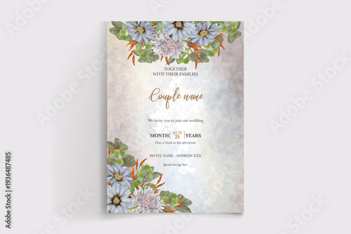 WEDDING INVITATION FRAME WITH FLOWER DECORATIONS AND FRESH LEAVES