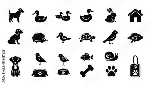 Black and white icons of animals and pet related items
