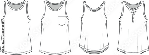 Vector collection of men's tank top fashion flat sketches. Blank sleeveless shirt technical drawing templates with henley and pocket details.