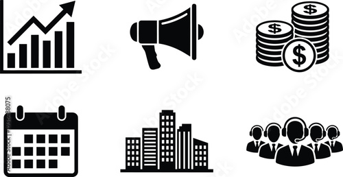 business and finance icon set, growth chart marketing megaphone money coins calendar city customer support vector illustration