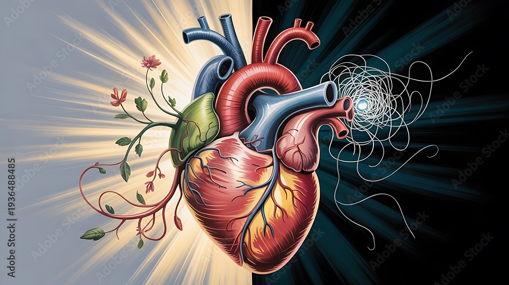 Naklejka premium Biological heart with flowers and messy wires representing emotions