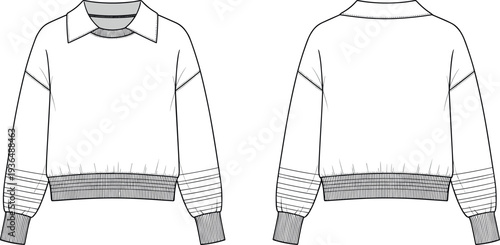 Women casual collared sweatshirt technical fashion flat sketch template front and back view vector illustration for apparel tech pack design