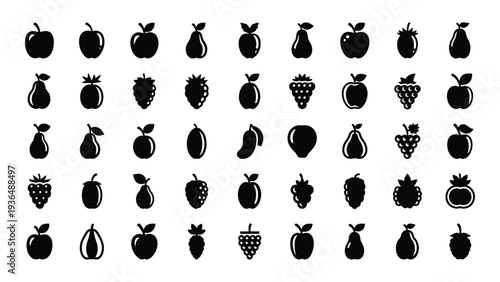 A collection of black and white fruit icons