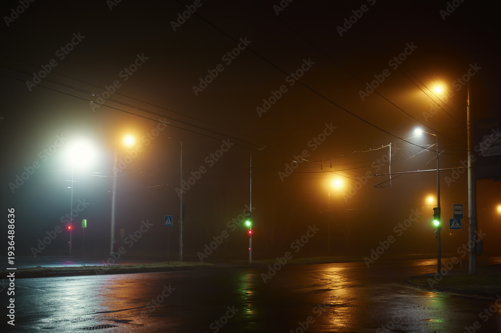 Fototapeta premium A foggy night street in the light of streetlights in the city