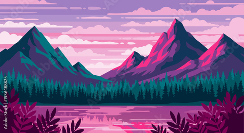 Stunning Pixel Art Landscape Vector Illustration of Majestic Mountains and a Serene Lake under a Colorful Sky