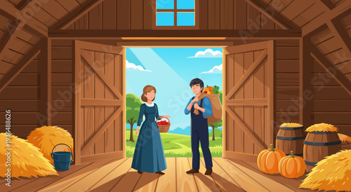 Harvesting Season in the Barn A charming vector illustration of a farmer and his wife bringing in the bounty