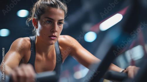 A focused woman exercising on gym equipment in a well-lit fitness studio