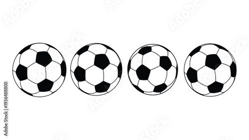 Four soccer balls in a row on a white background