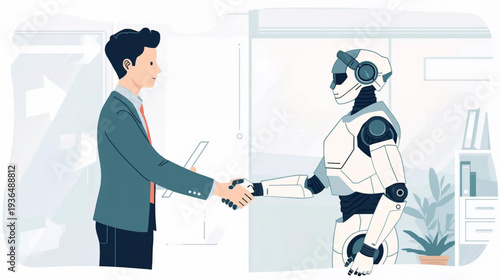 Vector illustration of human and robot shaking hands in the office