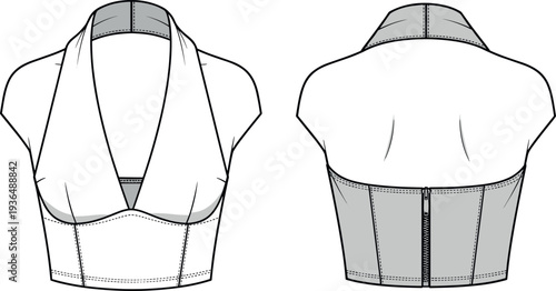 Women halter neck corset crop top technical fashion flat sketch front and back view vector CAD illustration with back zipper.