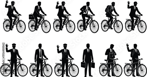 businessman riding bicycle silhouette set, office worker commuting bike transport urban business people cycling vector illustration collection