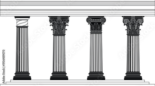 Classical architecture columns illustration, Tuscan Corinthian Ionic Composite styles, ancient Greek Roman design, historical building elements, ornate capital structures