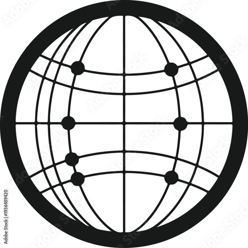 Global network sphere icon featuring world grid with connection points representing internet data and connectivity