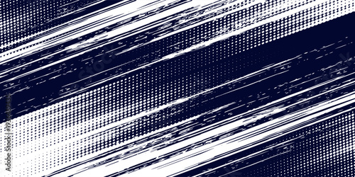 Navy Blue Grunge Halftone Abstract Background with Dynamic White Speed ​​Lines Modern Distortion Texture Effect for Creative Graphic Poster Design and Banner Visual Elements
