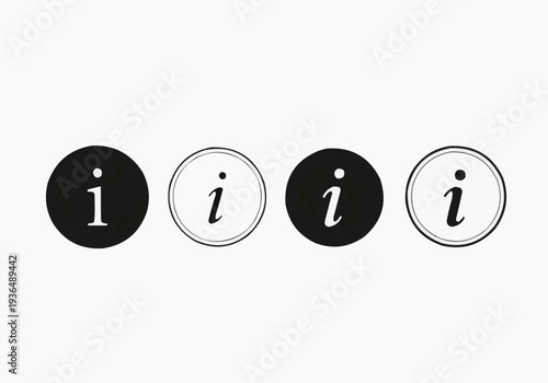 Information icon set, minimalist lowercase letter i buttons in black and white.
