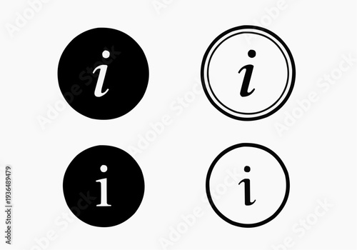 Information icon set, minimalist lowercase letter i buttons in black and white.